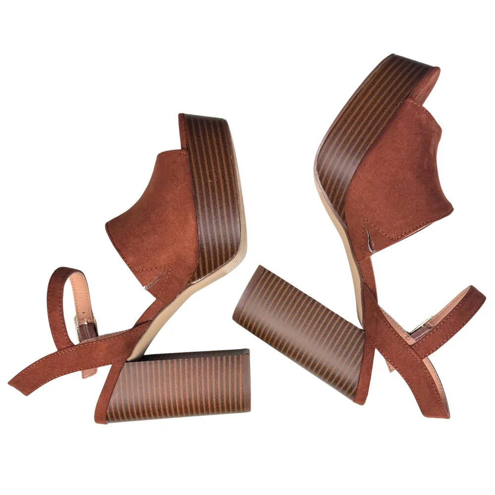 Madden Girl Womens Sandals Block Heels Sz 7.5M Garden-S Chestnut Strappy Western